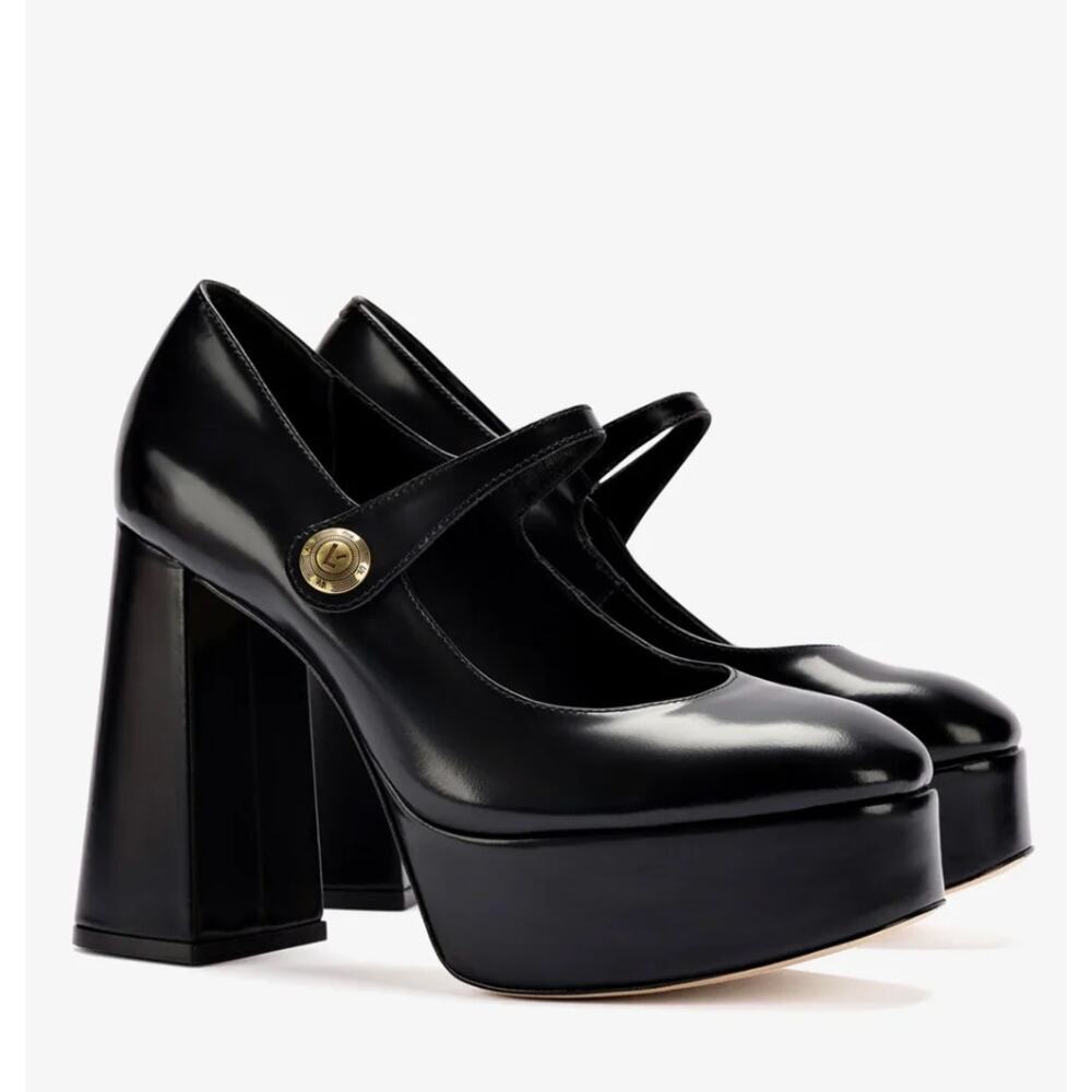 Larroudé Emma Black Leather Platform Block Heel Pumps Size 10